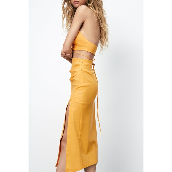 Yellow Zara Linen Blend Ruched Midi Skirt (NWT) - Picture 3 of 7